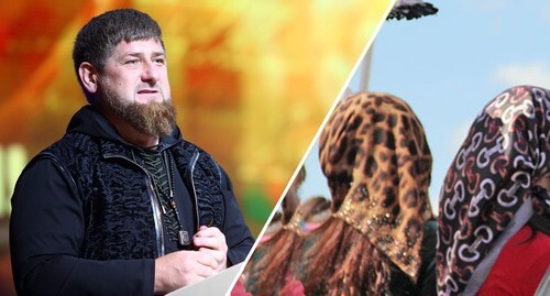 Ramzan Kadyrov; women wearing headscarves. Photo: Musa Sadulaev, "Grozny Inform" news agency; Magomed Magomedov for the "Caucasian Knot"