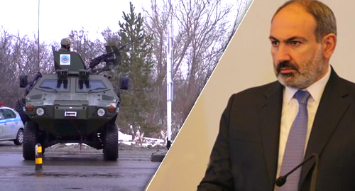 Military vehicles of the Collective Security Treaty Organization in Kazakhstan; Nikol Pashinyan. Screenshot of the video by the "Public TV" https://www.youtube.com/watch?v=JRrZU0m8nhw ; photo by Tigran Petrosyan. Collage by the  "Caucasian Knot"