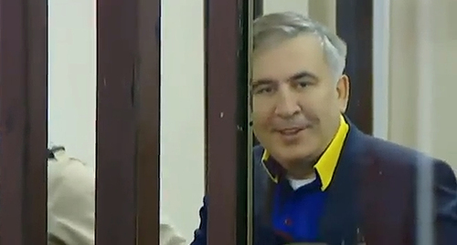 Mikhail Saakashvili in the court, February 4, 2019. Screenshot of live video coverage at Saakashvili's Facebook: https://www.facebook.com/SaakashviliMikheil/videos/814514236613998 