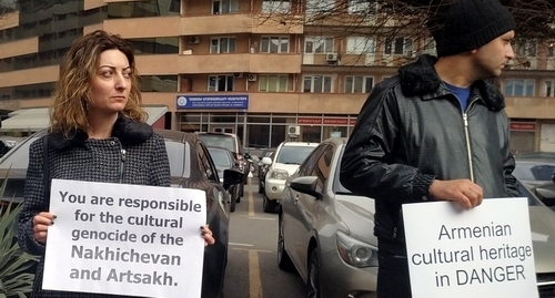 Activists demand from the UN to ensure preservation of the Armenian cultural heritage in the territories controlled by Azerbaijan. Yerevan, February 16, 2022. Photo by Armine Martirosyan for the Caucasian Knot