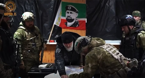 Adam Delimkhanov (left). Image made from video posted on Ramzan Kadyrov's channel https://t.me/ramzan_kadyrovv_95/270