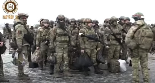 Chechen law enforcers before going to Ukraine. Photo: screenshot of the video https://grozny-inform.ru