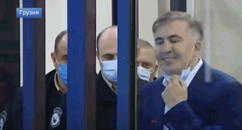 Mikhail Saakashvili (right) in a courtroom. Image made from video posted by ‘Channel 1’ https://www.youtube.com/watch?v=jtb5QF28d6Q