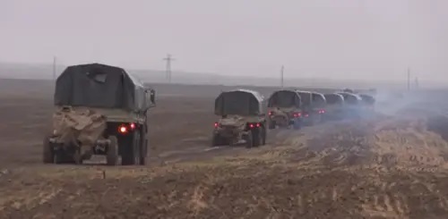 A column of vehicles of the Azerbaijani army. Image made from video posted on the YouTube channel of the Ministry of Defence of Azerbaijan: https://www.youtube.com/watch?v=LvjMoRKDkQc