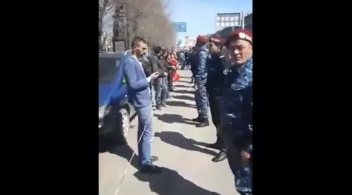 Protest action in Gyumri. Image made from video posted at Youtube Channel Yerevan.Today on April 16, 2022, https://www.youtube.com/watch?v=wiIpLpQTbf4&t=158s