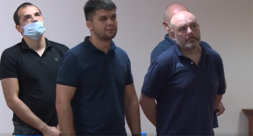 The policemen convicted in the case on Tskaev’s death in the courtroom. Screenshot of the video by the Russian TV channel https://alaniatv.ru/verhovnyj-sud-rso-a-smyagchil-prigovory-shesti-osuzhdyonnym-po-delu-tskaeva/