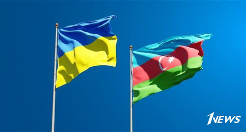 Flags of Azerbaijan and Ukraine. Image made from video posted by news.az