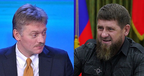 Dmitry Peskov (on the left) and Ramzan Kadyrov. Collage by the "Caucasian Knot". Photo http://www.kremlin.ru Screenshot of the video https://www.youtube.com/watch?v=Qmsph0ObD20
