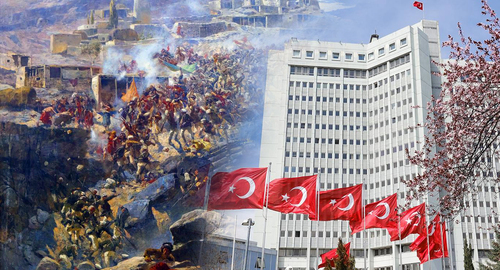 "The Siege of Akhoulgo" by Franz Roubaix; the building of the Ministry of Foreign Affairs (MFA) of Turkey. Photo: https://ru.wikipedia.org/wiki/Кавказская_война, press service of the Turkish MFA