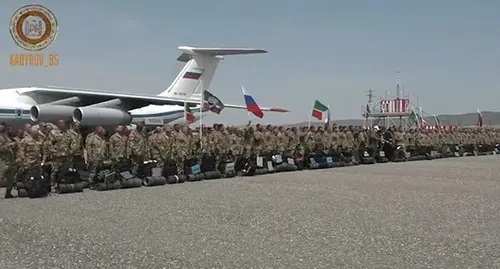 A group of volunteers preparing to go to Ukraine. Screenshot: https:///t.me/RKadyrov_95/2266