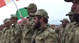 Volunteers preparing to go to Ukraine. Image made from video posted on Ramzan Kadyrov’s Telegram Channel on June 25, 2022, https://t.me/RKadyrov_95/2413