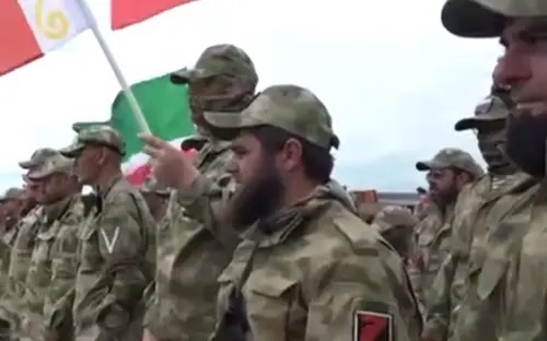 Volunteers preparing to go to Ukraine. Image made from video posted on Ramzan Kadyrov’s Telegram Channel on June 25, 2022, https://t.me/RKadyrov_95/2413