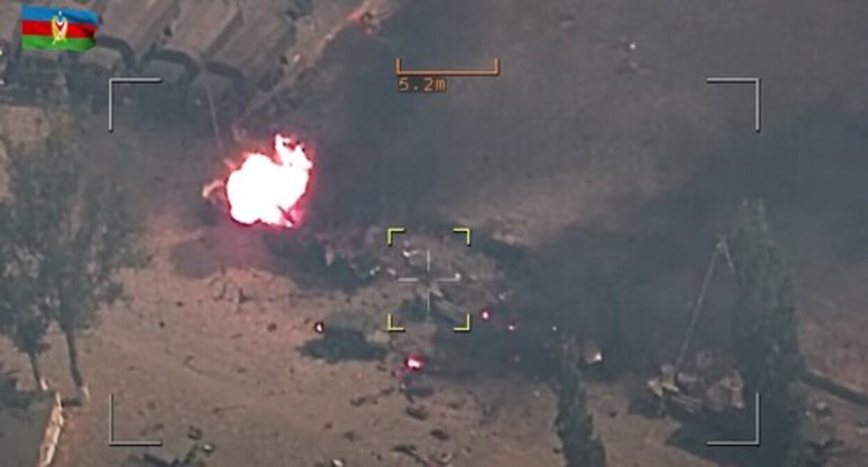 The shelling of the Armenian positions by the Azerbaijani army during the operation on August 3, 2022, called "Retribution" by the Ministry of Defense of Azerbaijan. Image made from video posted at: https://www.youtube.com/watch?v=gEAkF6xtQ1o