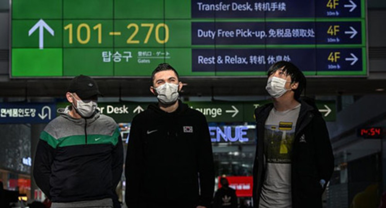From left to right: Andrei (nickname), Djashar Khubiev, and Vladimir Maraktaev 
at the departure lounge of the  Seoul Incheon International Airport, January 3, 2023. Photo: https://www.koreatimes.co.kr/www/nation/2023/01/281_343205.html