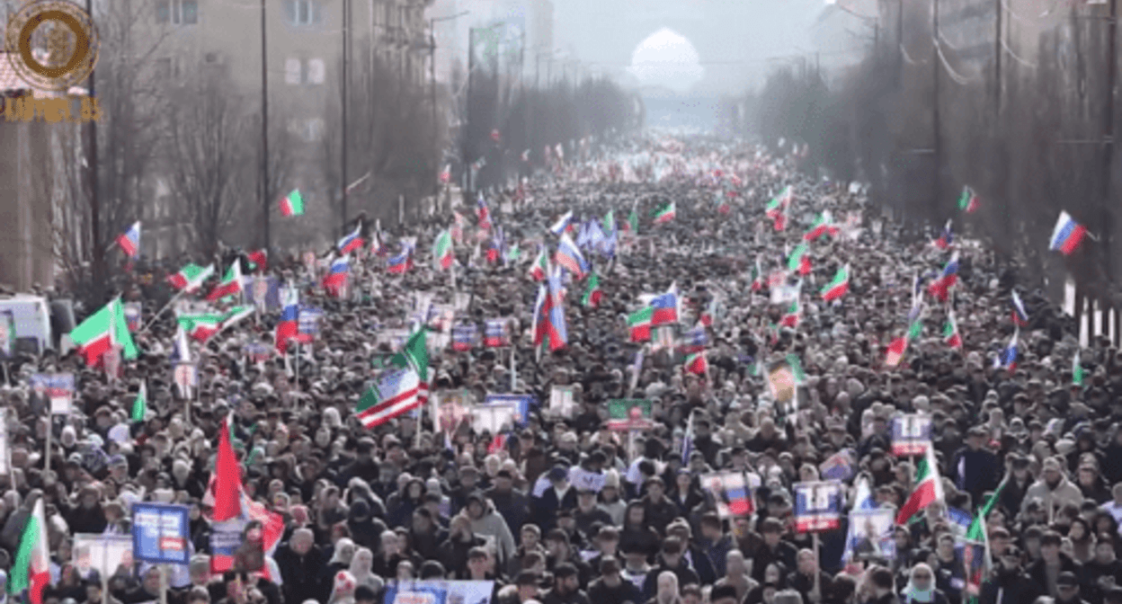 Participants in the rally in support of Putin held in Grozny. Screenshot of the video posted on Ramzan Kadyrov's Telegram channel on March 10, 2024 https://t.me/RKadyrov_95/4579