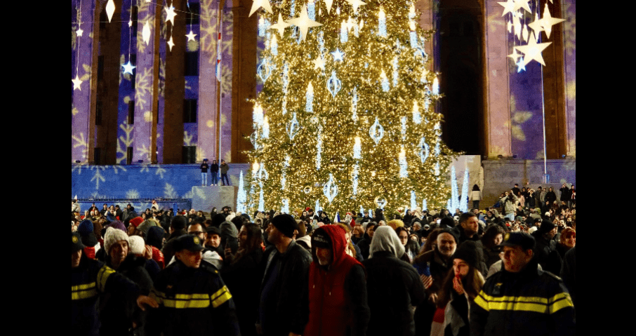 Participants of a protest action in Tbilisi. Screenshot of a photo by Anya Svanidze for Publika posted on January 2, 2025 https://www.facebook.com/photo/?fbid=1338376037561943&amp;set=pcb.1338376117561935 (the activities of the Meta Company, owning Facebook, are banned in Russia)