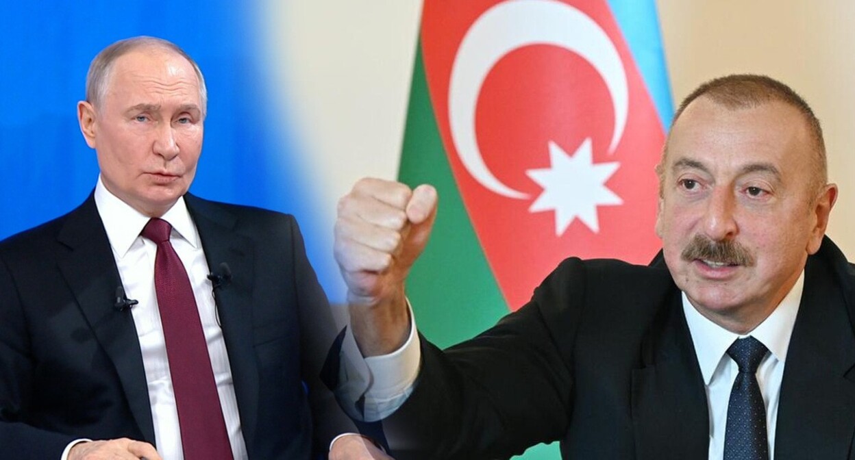 Vladimir Putin and Ilham Aliev. Collage by the "Caucasian Knot". Screenshot of a video: https://www.kremlin.ru/ 
Photo: https://president.az/ru/articles/view/42411