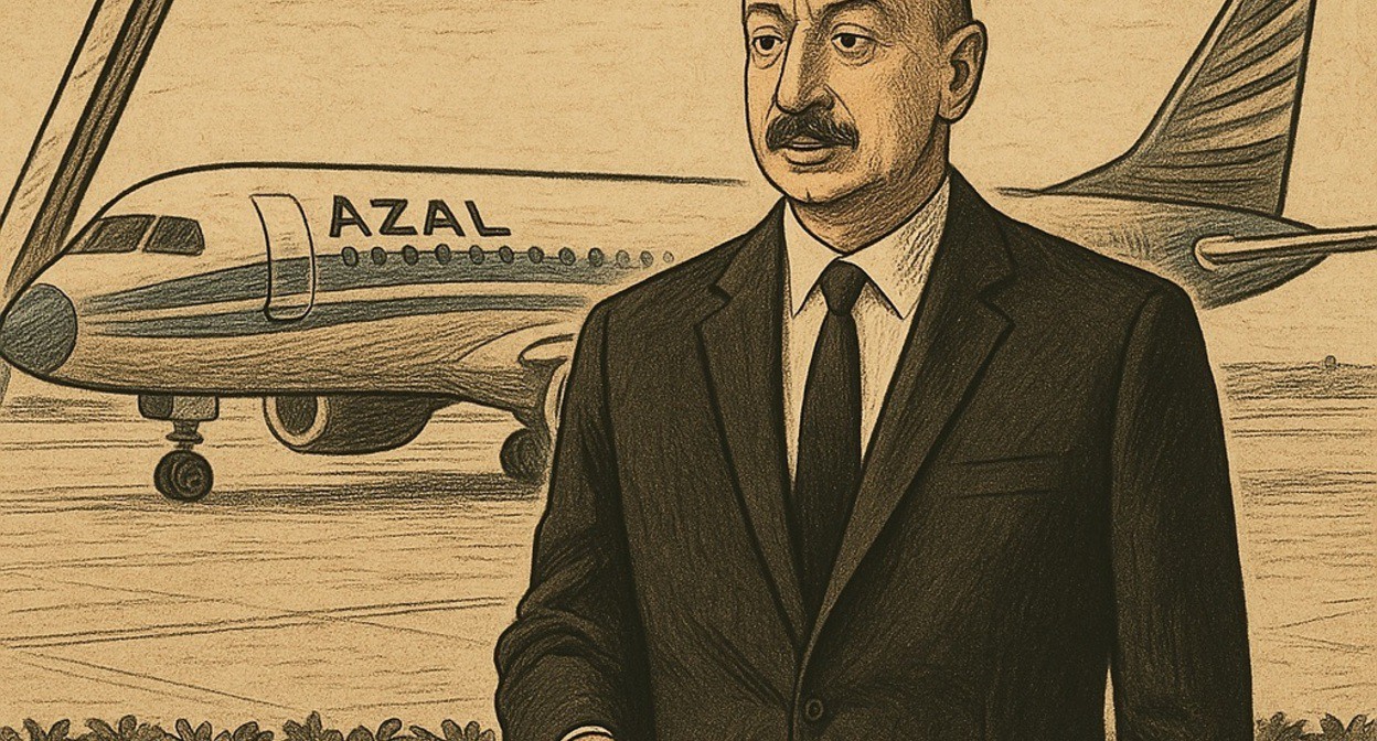 Ilham Aliev and the plane. Illustration created by the “Caucasian Knot” using AI in the Copilot software