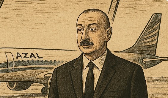 Ilham Aliev and the plane. Illustration created by the “Caucasian Knot” using AI in the Copilot software
