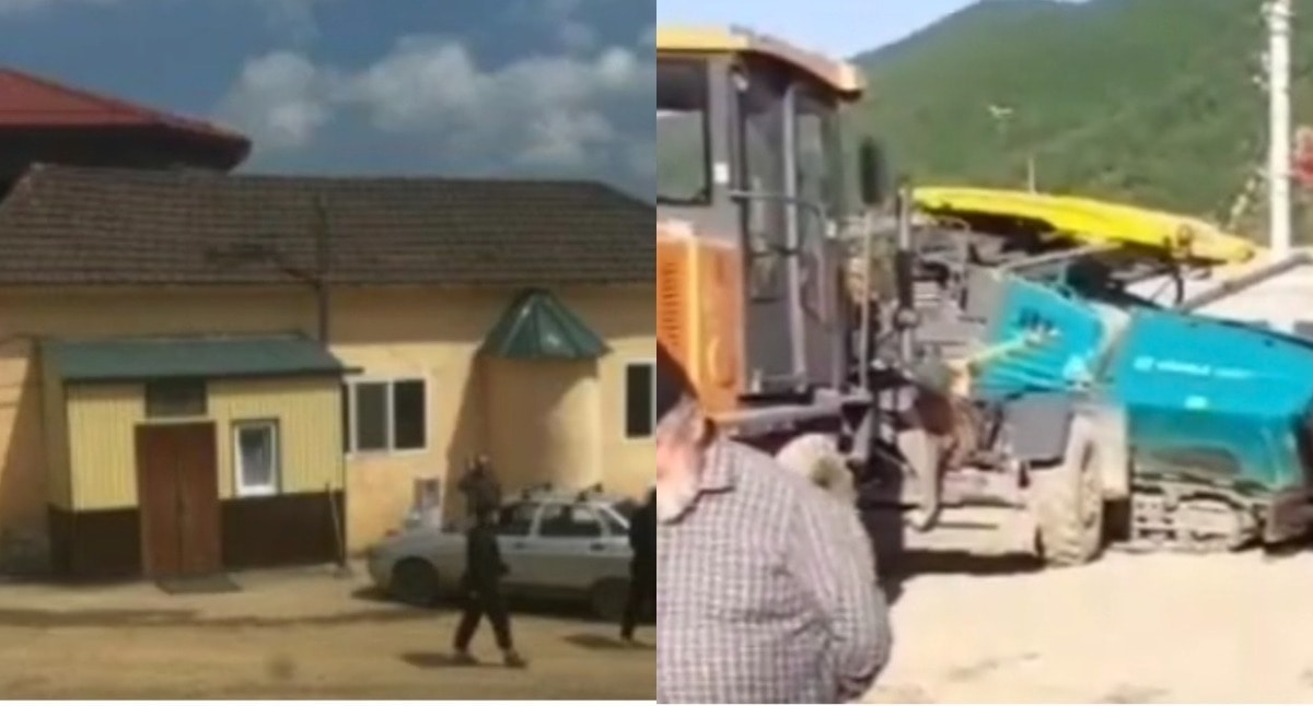 The mosque building in Leninaul and construction equipment at the site of the demolished mosque. Footage by auh_media from May 10, 2025, https://www.instagram.com/p/DJfLKA9sWTp/(On March 21, 2022, the Tverskoi Court of Moscow banned the activities in Russia of the Meta Company, owning the Facebook, Instagram, and WhatsApp, in connection with extremist activities.). Collage by Caucasian Knot.