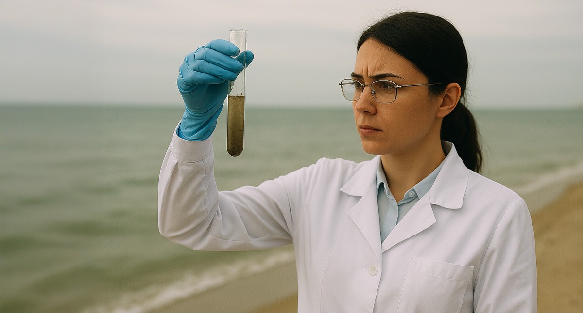 Taking water samples from the sea. Illustration created by the “Caucasian Knot” using AI in the Copilot software.