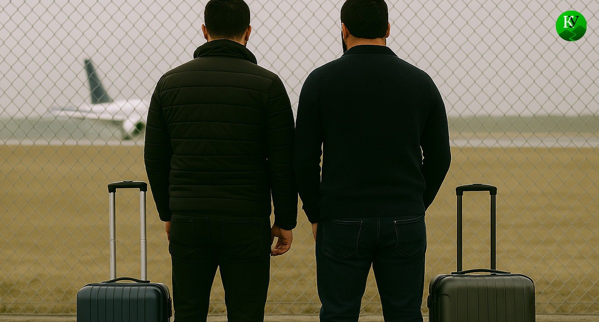 The men at the airport. Illustration created by the “Caucasian Knot” using AI in the Copilot software.