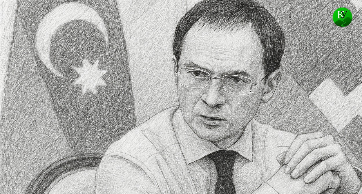 Vladimir Medinsky against the background of the flag of Azerbaijan. Illustration created by the “Caucasian Knot” using AI in the Copilot software.
