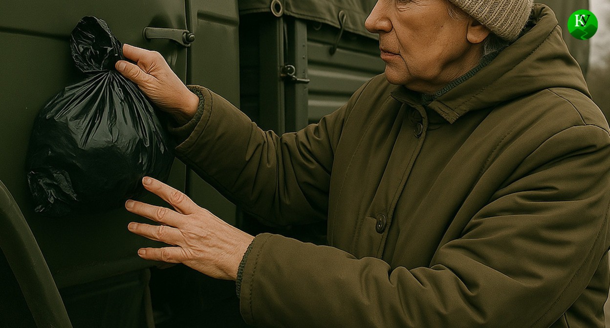 A pensioner hiding an explosive device. Illustration created by Caucasian Knot by using AI in the Copilot software.

