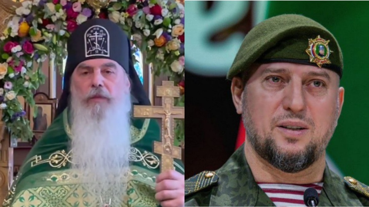 Schema-Abbot Gabriel and Apti Alaudinov. Collage by Caucasian Knot. Apti Alaudinov's TG-channels https://t.me/AptiAlaudinovAKHMAT/11368 and a still frame of the video "Sermons of Szygumen Gabriel" https://t.me/igumenN/1083 from 12.06.25.
