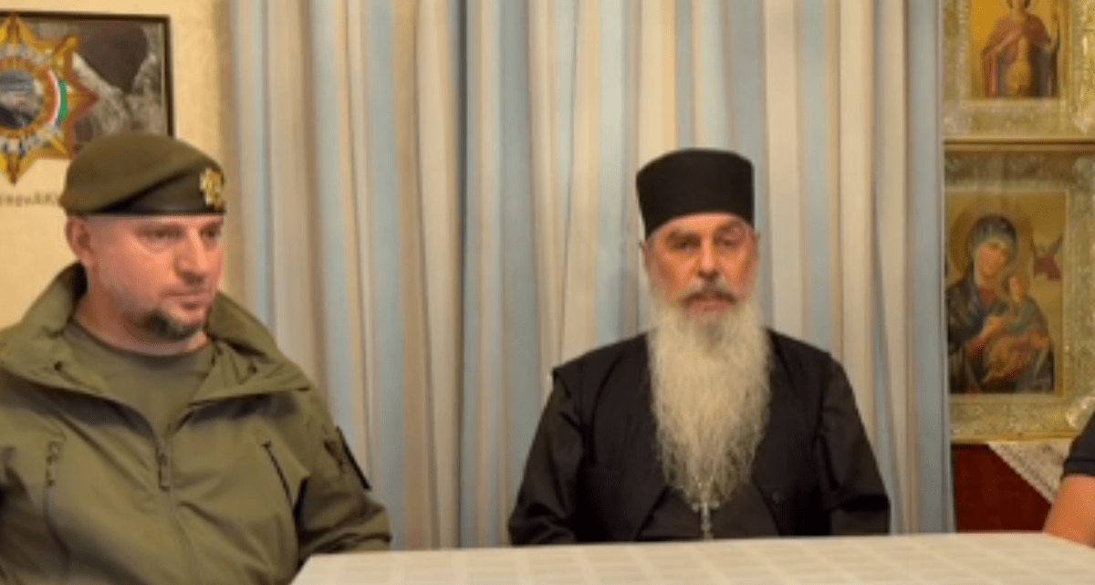 Apti Alaudinov and Schema-Abbot Gavriil. A still from the video posted on the Apti Alaudinov’s Telegram channel.
