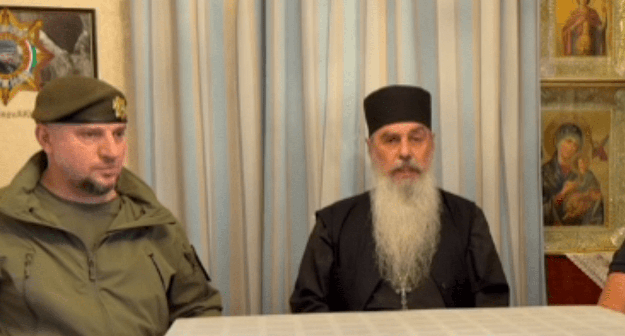 Apti Alaudinov and Schema-Abbot Gavriil. A still from the video posted on the Apti Alaudinov’s Telegram channel.
