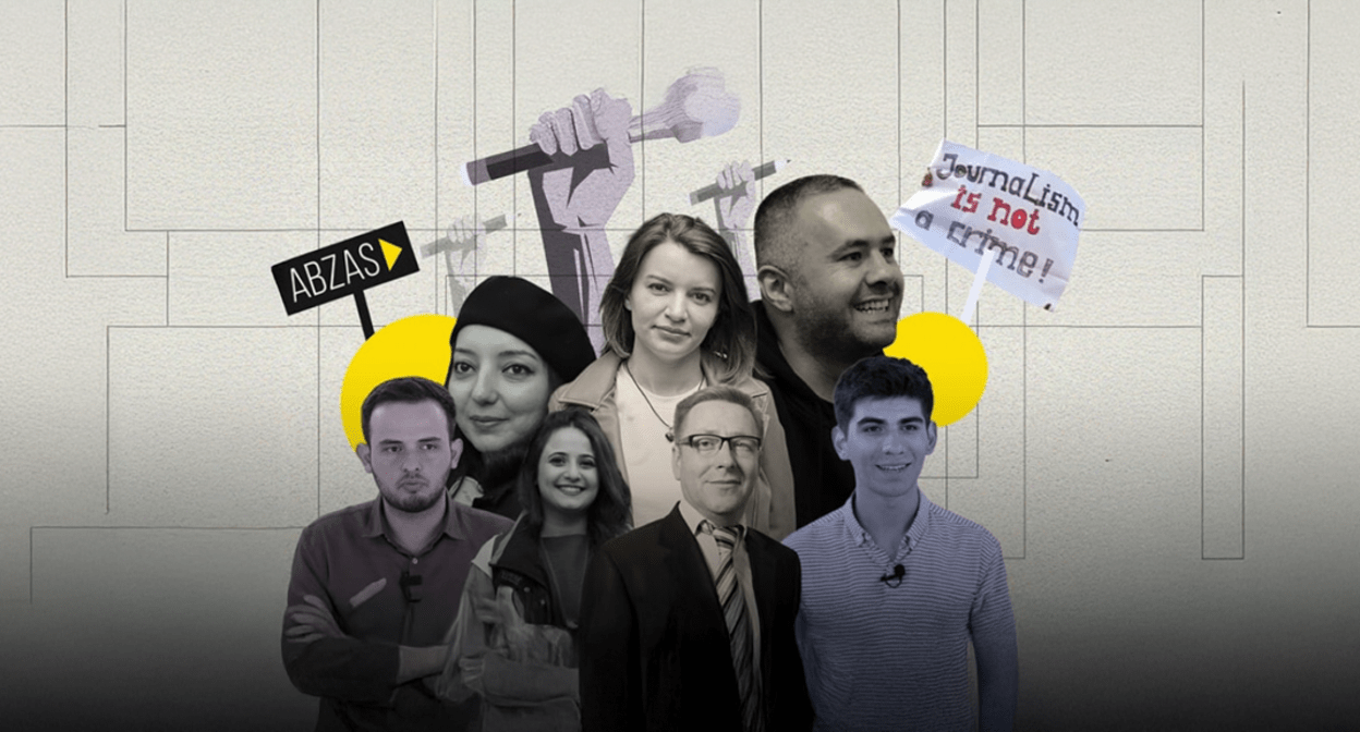 Journalists of the online outlet Abzas Media. Photo: https://www.meydan.tv/ru/article/prokuror-potreboval-nakazaniya-dlya-zhurnalistov-arestovannyh-po-delu-abzasmedia/
