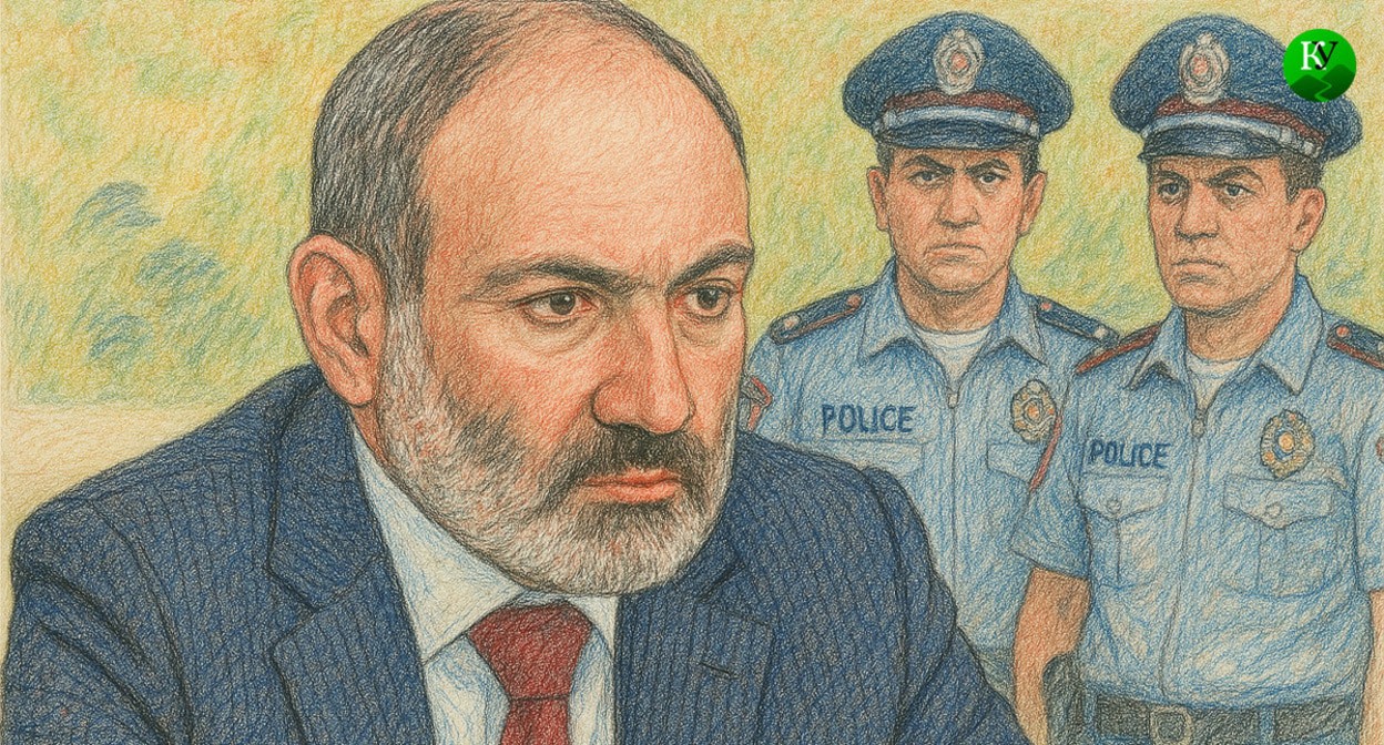 Nikol Pashinyan and police officers. Illustration created by Caucasian Knot with the use of AI in the Copilot program