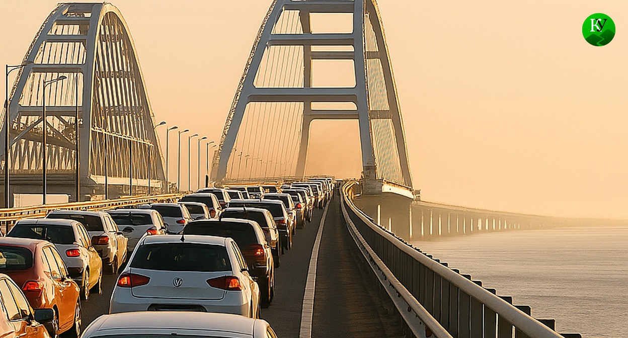 Traffic jam on the Crimean Bridge. Illustration created by "Caucasian Knot" using AI in the Copilot program