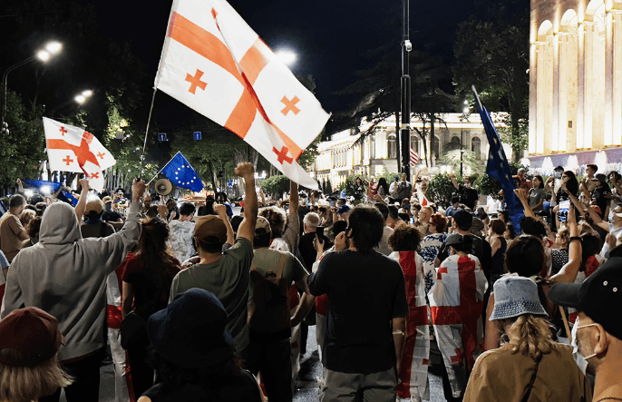 Protest action in Tbilisi. Screenshot of Publika photo from 23.07.25, https://www.facebook.com/photo/?fbid=1504066957659516&set=a.715406393192247, (the activities of Meta, the company that owns the social network, are banned in Russia)