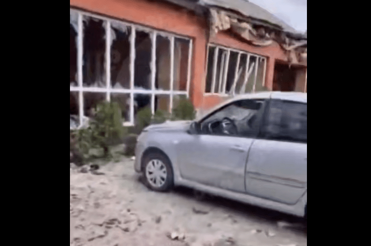 House in Nizhniye Achaluki damaged after UAV crash. Still frame from video "Fortanga" from 26.07.25, https://t.me/fortangaorg/20178.