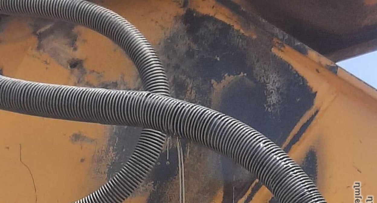 A bullet hole on the excavator body. Photo: Press Service of the Armenian Defense Ministry.