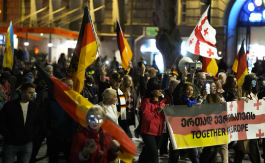 German-Georgian Friendship March. Screenshot from Publika photo from September 28, 2025, https://www.facebook.com/photo?fbid=1562486478484230&set=pcb.1562486615150883 (Meta, the company that owns the social network, is banned in Russia).