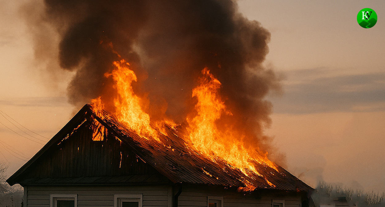 The roof of a house is on fire. Illustration created by the "Caucasian Knot" using AI in the Copilot program.

