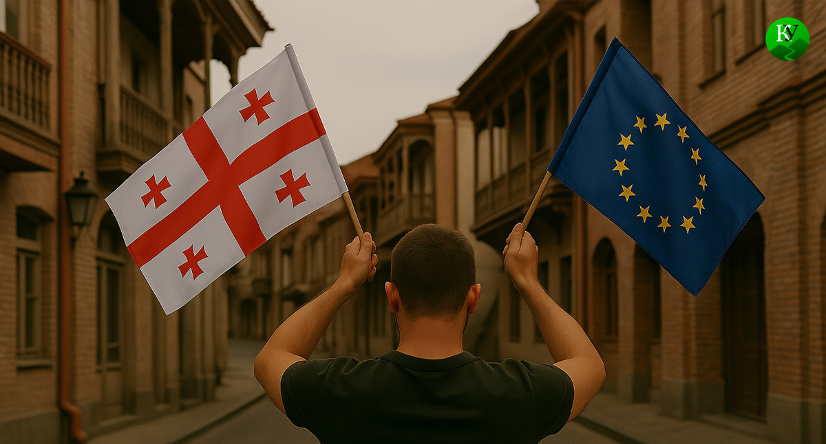 A man with the flags of Georgia and the European Union. Illustration created by the Caucasian Knot using AI in the Copilot program.