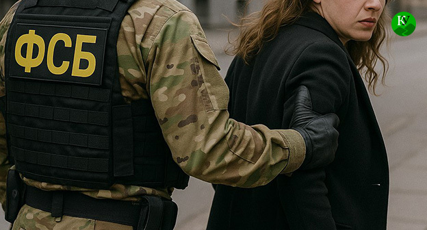 An FSB officer detains a woman. Illustration from the "Caucasian Knot" AI-generated program Copilot.