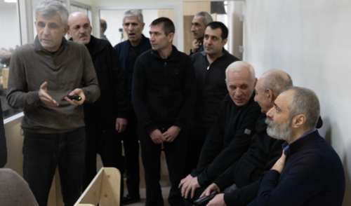 Former Nagorno-Karabakh leaders in court. Screenshot from Azertac, December 4, 2025, https://azertag.az/ru/xeber/v_sude_nad_grazhdanami_armenii_zavershilos_zashchititelnoe_vystuplenie_advokatov_obvinyaemyh-3898143