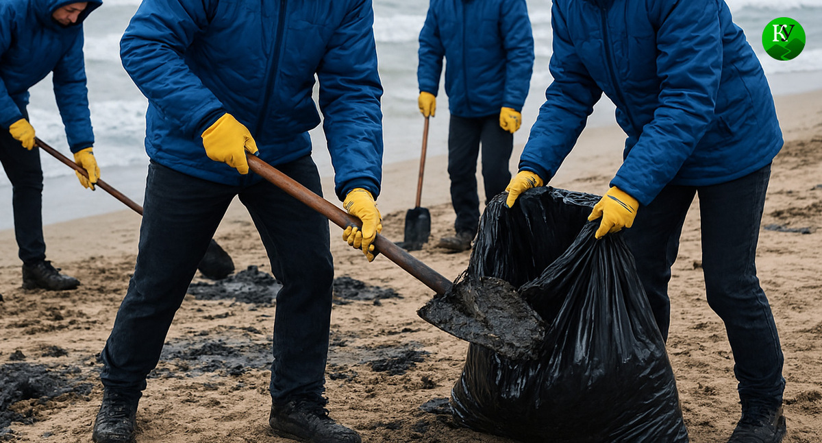 Volunteers clean up pollution. Illustration created by Caucasian Knot using AI in the Copilot program.