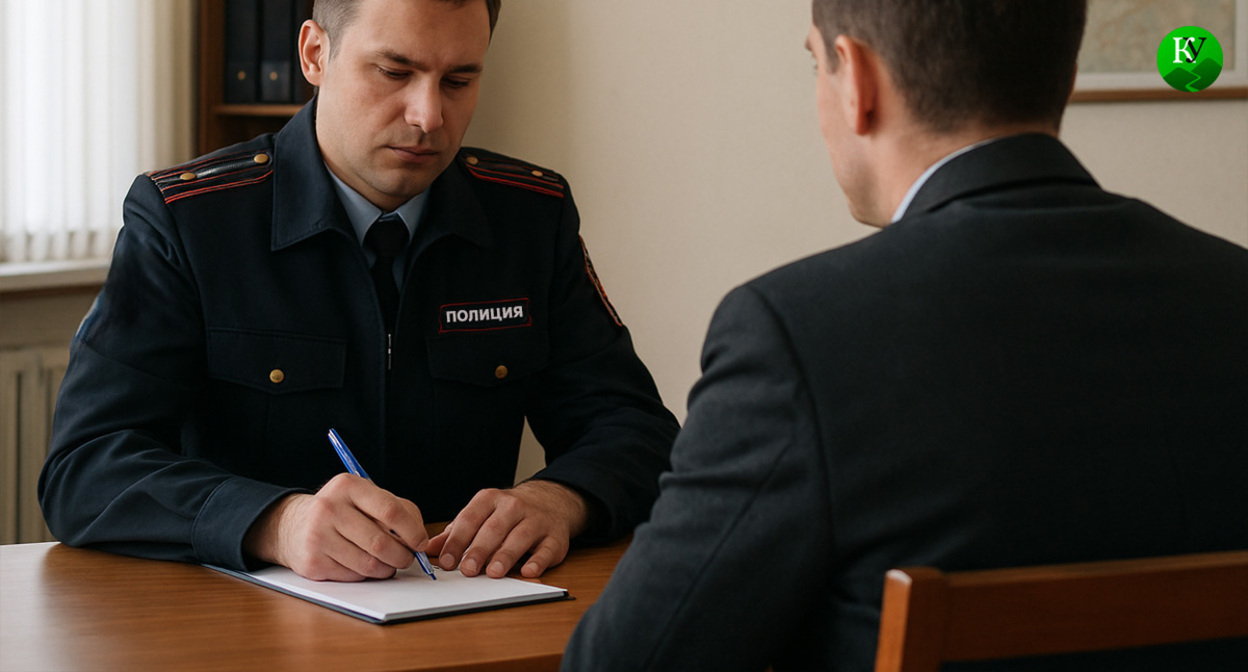 A police officer records a deputy's testimony. Illustration created by Caucasian Knot using AI in the Copilot program.