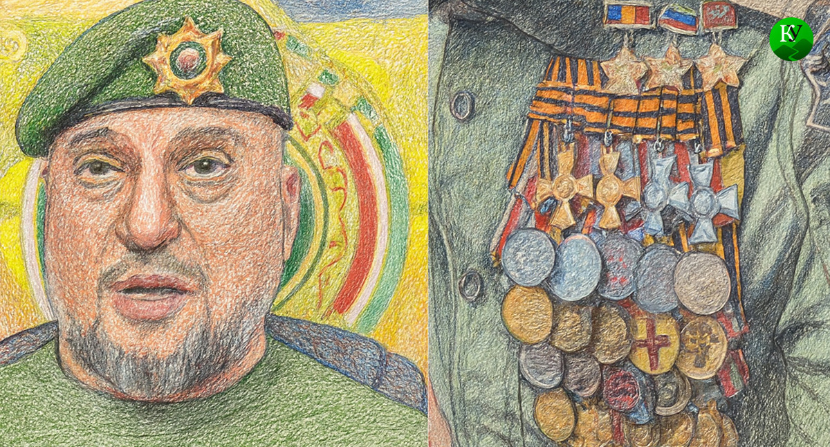 Apti Alaudinov and the medals and orders on the chest of one of the men Kolotovkina encountered at the gas station. Illustration created by the "Caucasian Knot" using AI in the Copilot program.