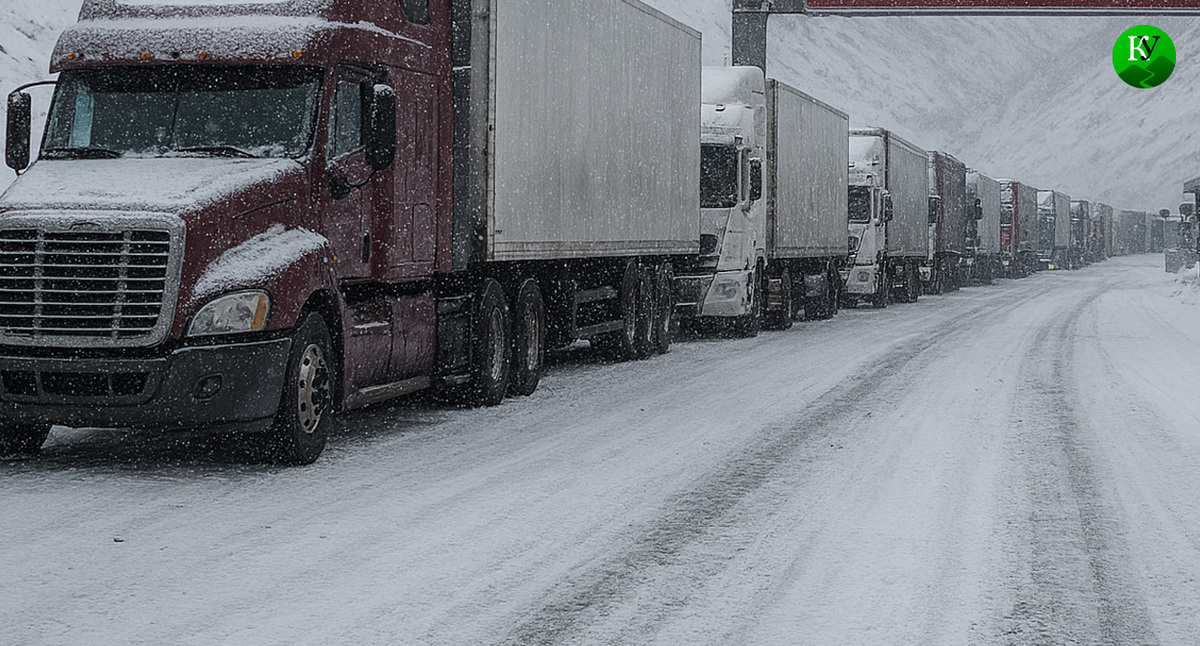 Trucks in a queue. Illustration created by the Caucasian Knot using AI in the Copilot program.