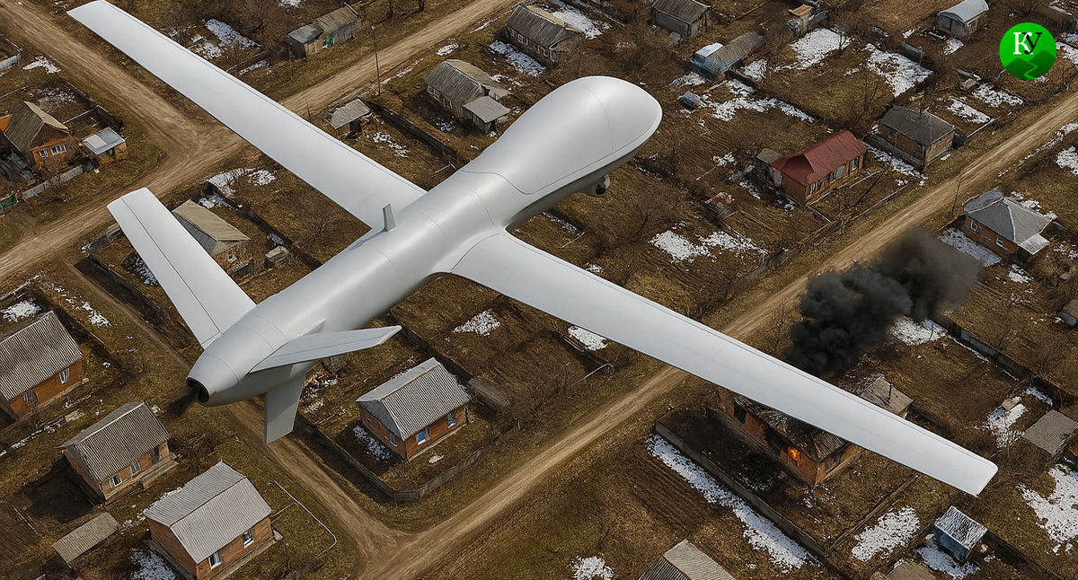 A drone over the village. This illustration was created by the Caucasian Knot using AI in the Copilot program.