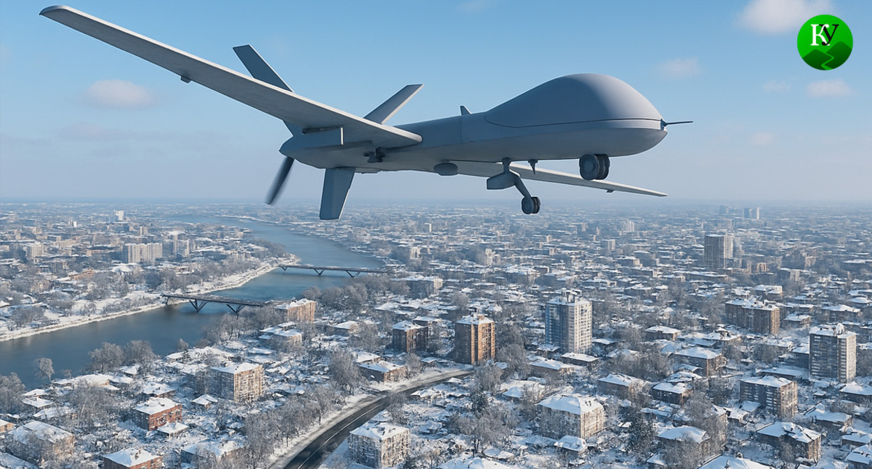 A drone over the city. Illustration created by the Caucasian Knot using AI in the Copilot program.