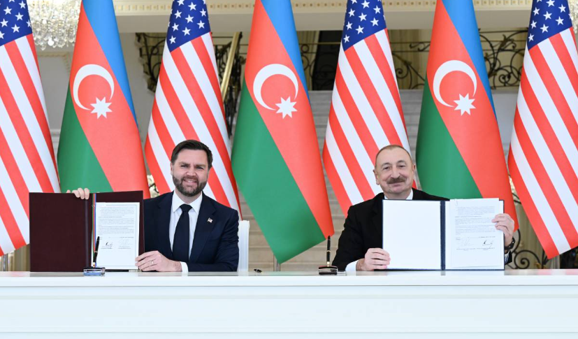J.D. Vance and Ilham Aliyev at the signing of the Charter. Screenshot from a photo by the press service of the Presidential Administration of Azerbaijan, February 10, 2026, https://president.az/az/articles/view/71562