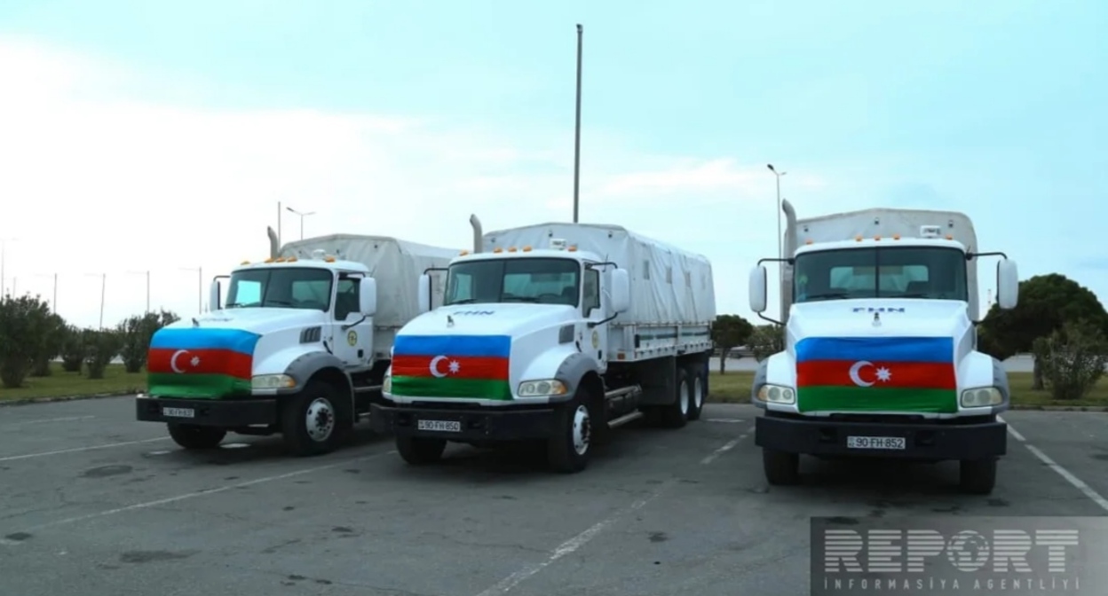 Trucks carrying humanitarian aid from Azerbaijan to Iran. March 10, 2026. Photo: Report https://report.az/xarici-siyaset/azerbaycan-prezidentinin-tapsirigina-esasen-irana-humanitar-yardim-yola-salinib